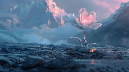Glowing Flower Amidst Misty Mountains and Twilight
