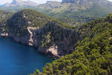 Scenic view over the Cap Formentor, Majorca, Port de Pollenca, Serra de Tramuntana, Balearic Islands, Mediterranean Sea, Spain, Europe. 