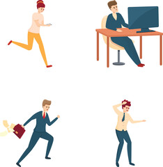 Rush job icons set cartoon vector. Hurrying and running office worker. Deadline and rush hour