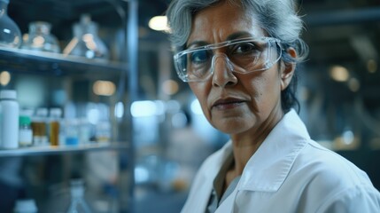 The picture of the senior south asian female pharmaceutical researcher in the laboratory and wearing lab coat and safety glasses, the researcher require the research technique and knowledge. AIG43.