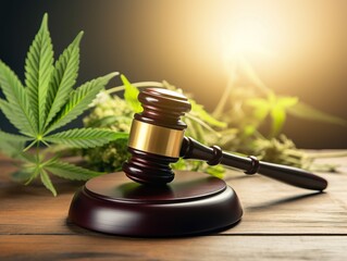 Legalization of cannabis: judge's gavel and marijuana leaf on wooden table