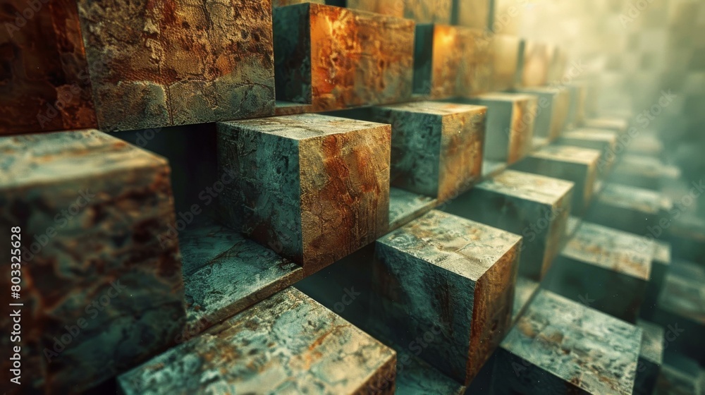 Poster 3d rendering of a stack of rough concrete blocks with beveled edges