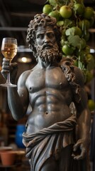 Fototapeta premium A stoic statue of Dionysus, the Greek god of wine, holding a glass of wine.
