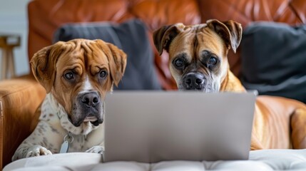 A humorous close-up view of a Labradoodle and a Boxer breed, both focused on a laptop screen as they participate in an online conference