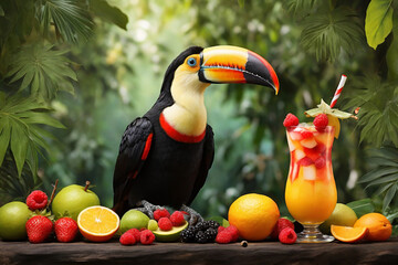 Obraz premium Tropical fruits, a glass of juice and a toucan on a wooden table in a tropical garden.