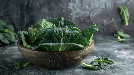 Fresh green savoy cabbage leaves in a bowl on a gray background - obrazy, fototapety, plakaty