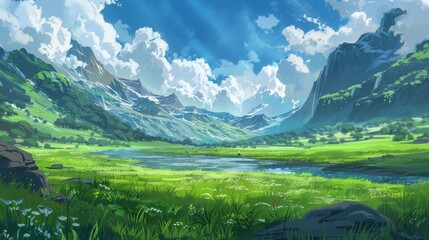 A picturesque painting-style illustration capturing the tranquility of a green pasture, intertwined with a river and flanked by high mountains