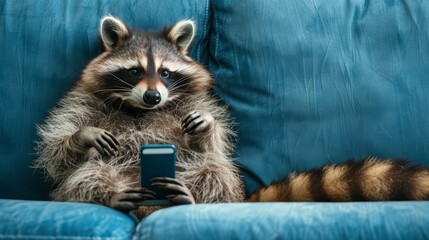 Obraz premium A quirky visual depiction featuring an anthropomorphic raccoon lying on a blue sofa, focused on a cell phone, complete with extra space for your copy