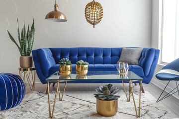 A posh living room with a clean, modern design, showcasing a bright cobalt blue velvet sofa, a sleek glass and metal coffee table, a pouf encrusted with gold beads, 