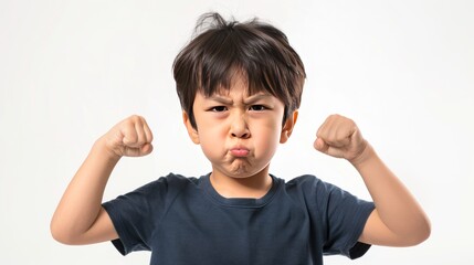 Portrait an angry little asian boy showing disagreement expression on white background. AI generated