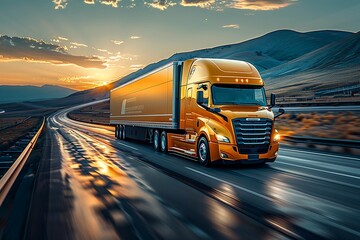 Orange Truck on Highway at Sunset