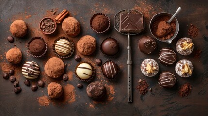 top view of arrangement of various types of chocolate, truffles and sieve with cocoa powder