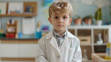 Portrait little child dressed science lab coat in classroom at school. AI generated image