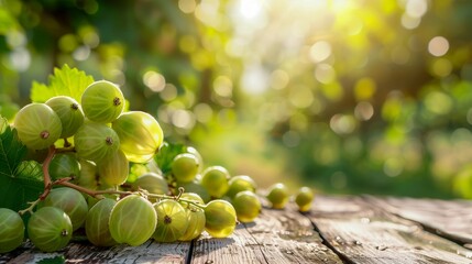 Green gooseberries on a wooden table in the vineyard. Bokeh effect. Generative AI.