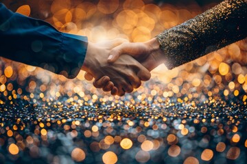 Glowing avatars digitally shake hands over connected cryptocurrency symbols in a network