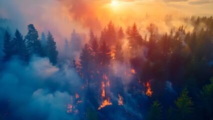 Aerial drone view of forest wildfire due to increasing global warming. Concept Aerial Footage, Forest Fire, Global Warming, Environmental Crisis, Drone Perspective
