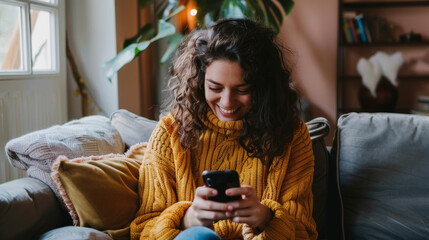 jeune femme heureuse assise dans son canapé en train d'échanger par message sur son smartphone