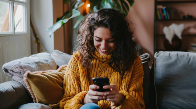 jeune femme heureuse assise dans son canap&eacute; en train d'&eacute;changer par message sur son smartphone