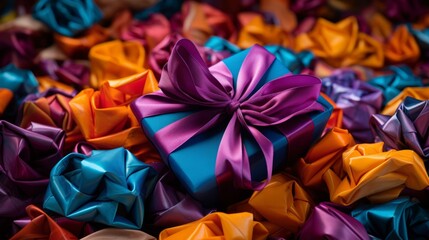 A blue gift box with a purple ribbon on a pile of crumpled colorful gift boxes