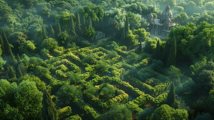 Topographic Tapestry: Intricate Patterns in Lush Maze Garden, generative ai