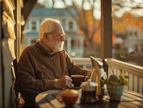 An elderly man is sitting on a porch drinking coffee and looking at something.