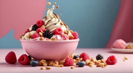 Three different ice creams with fruits and berries on a pink backdrop with copy space a nutritious summertime dish of frozen yogurt or ice cream with lemon, mango,and blueberries A light pink backdrop