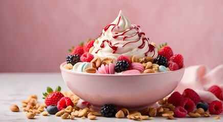 Three different ice creams with fruits and berries on a pink backdrop with copy space a nutritious summertime dish of frozen yogurt or ice cream with lemon, mango,and blueberries A light pink backdrop