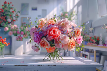 Bouquet mix peonies pink, coral, purple color stands on a leg on the florist's table, blurred...