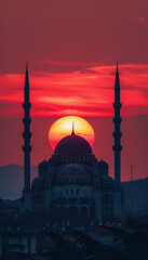 Fototapeta na wymiar Recreation of a big mosque with alminars and minarets with the sundown