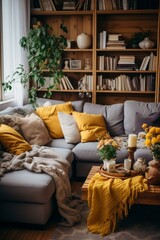 A cozy living room with a large sectional sofa, a coffee table, and a rug.