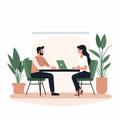 A man and a woman are sitting at a table and talking