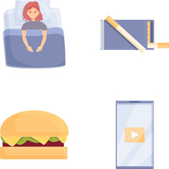 Insomnia icons set cartoon vector. Factor that interfere with falling asleep. Sleep problem