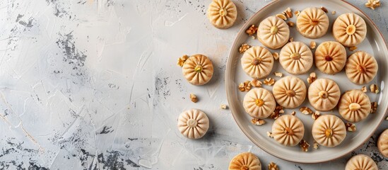 Arabic desserts. Traditional maamoul cookies for Eid made with semolina, filled with dates, walnuts, and pistachios. Image captured from above with empty space for text.