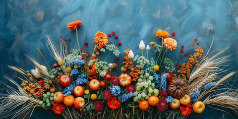 A beautiful bouquet of flowers and fruits
