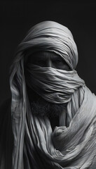 Vertical portrait in low key light of a muslim man with a veil in her face