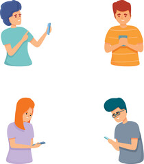 Fototapeta premium Smartphone addiction icons set cartoon vector. Young people looking at phone. Bad habit