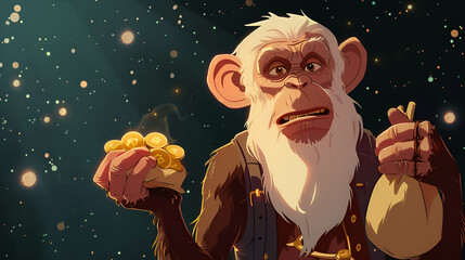 beige big adult trader cartoon chimpanzee white-haired, holding two bag full a gold coins