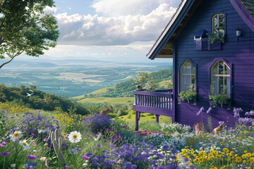 Cape Cod style vacation home in royal purple, with a scenic balcony overlooking a lush valley filled with wildflowers and wildlife. - Powered by Adobe