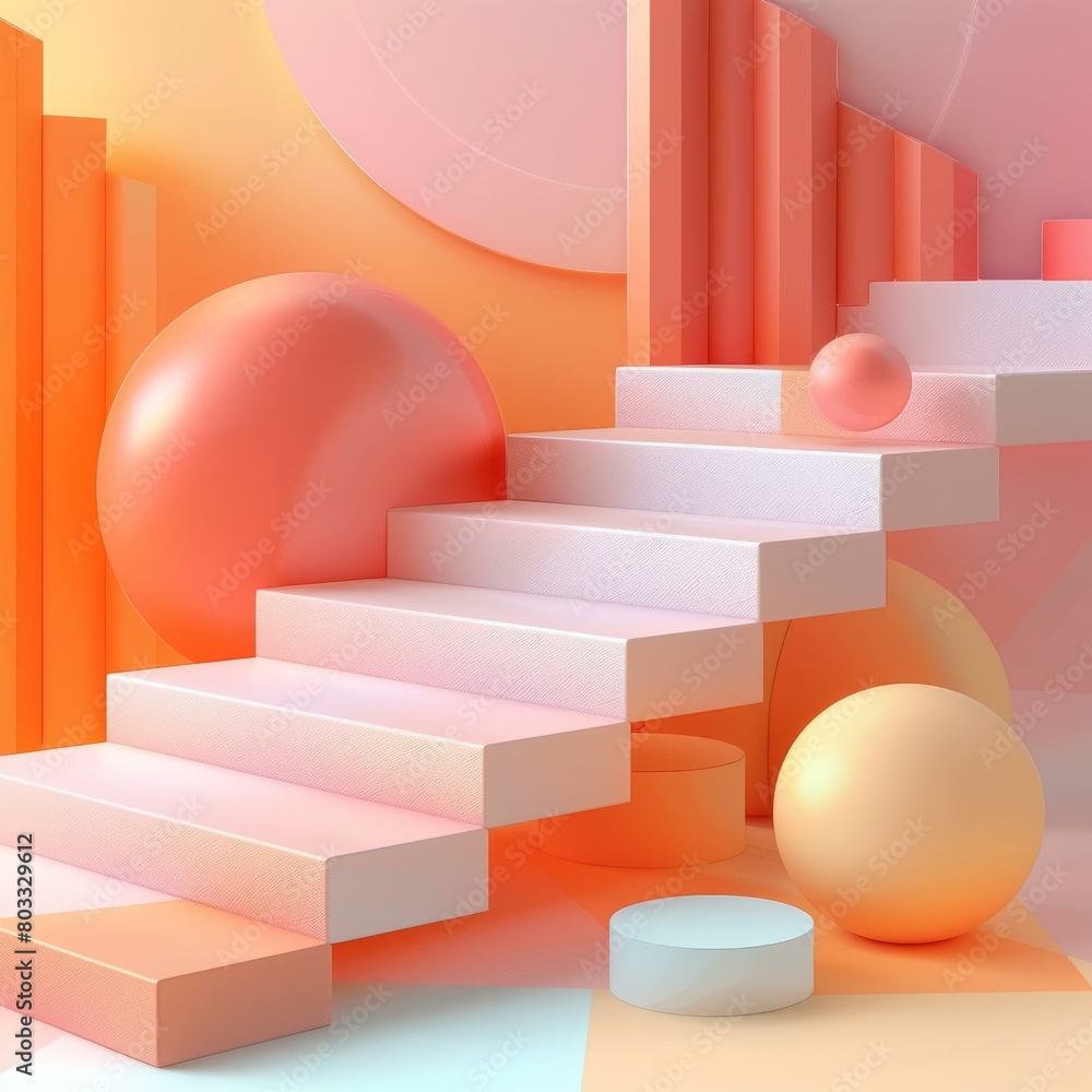 Poster 3d rendering of a staircase with balls