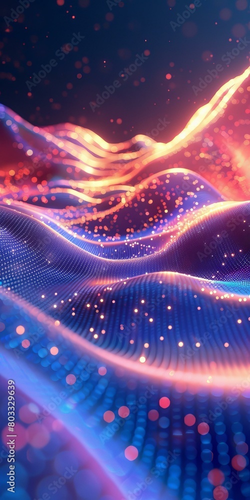 Poster colorful 3d rendering of a terrain with glowing particles