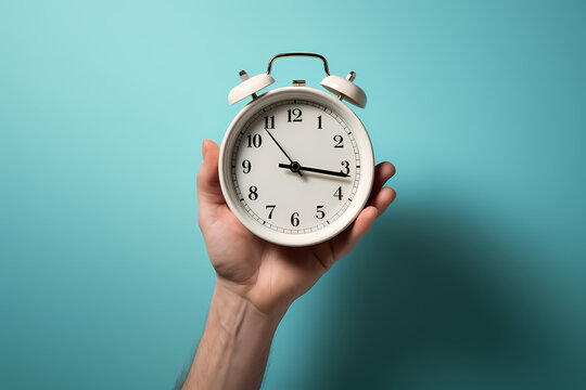 Hand Holding an Alarm Clock Against a Blue Background: Emphasizing Time and Punctuality