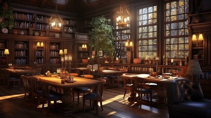 fantasy library interior with bookshelves and study tables