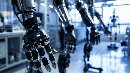 a biotech facility developing advanced prosthetics with integrated biosensors, showcasing limb...