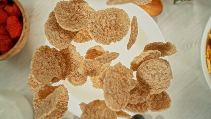 Freeze Motion of Falling Cereals into Bowl with Milk.
