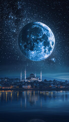 Vertical recreation of a big mosque in a muslim city under a giant full moon
