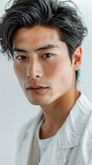 Obraz premium A portrait of a young Asian man with long hair