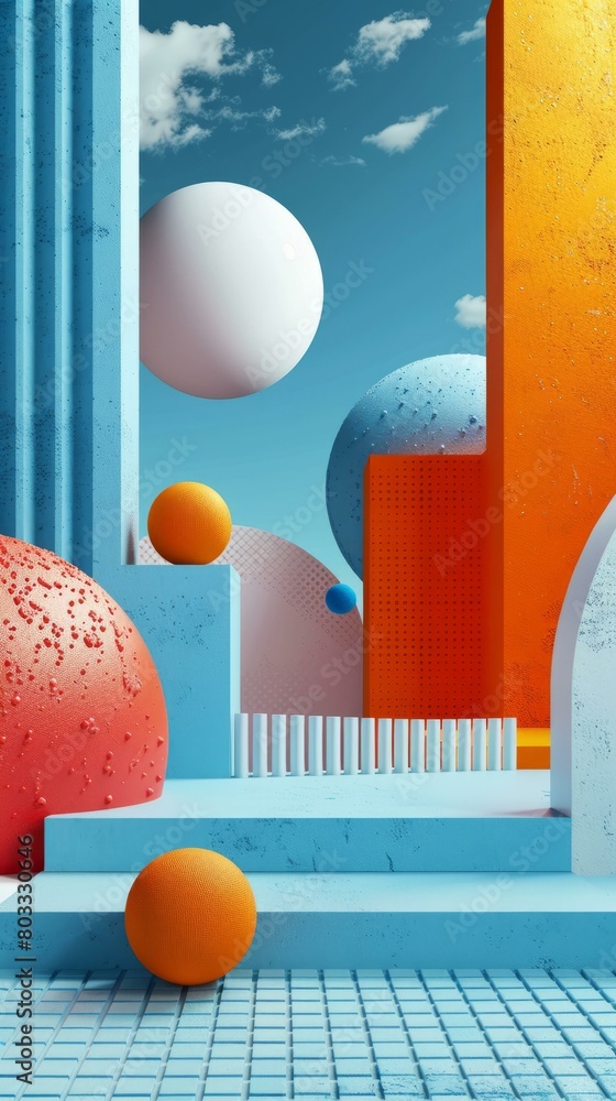 Poster 3d rendering of a colorful geometric landscape with balls and podiums