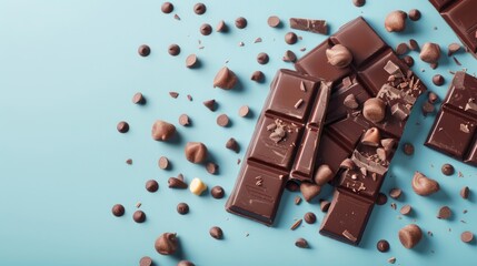 Fototapeta premium Delicious milk chocolate on colorful table, flat lay. Space for text