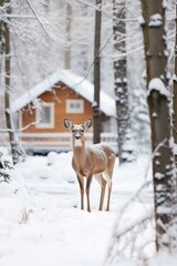 A solitariness deer stands in the snowy forest