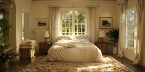 A bedroom with a large bed, a rug, and two windows